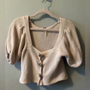 Free People Cream Puff Sleeve Button-Front Knit Top